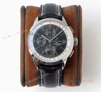 BLS Breitling Premier Chronograph Replica Watch - Black Dial Black Leather Strap